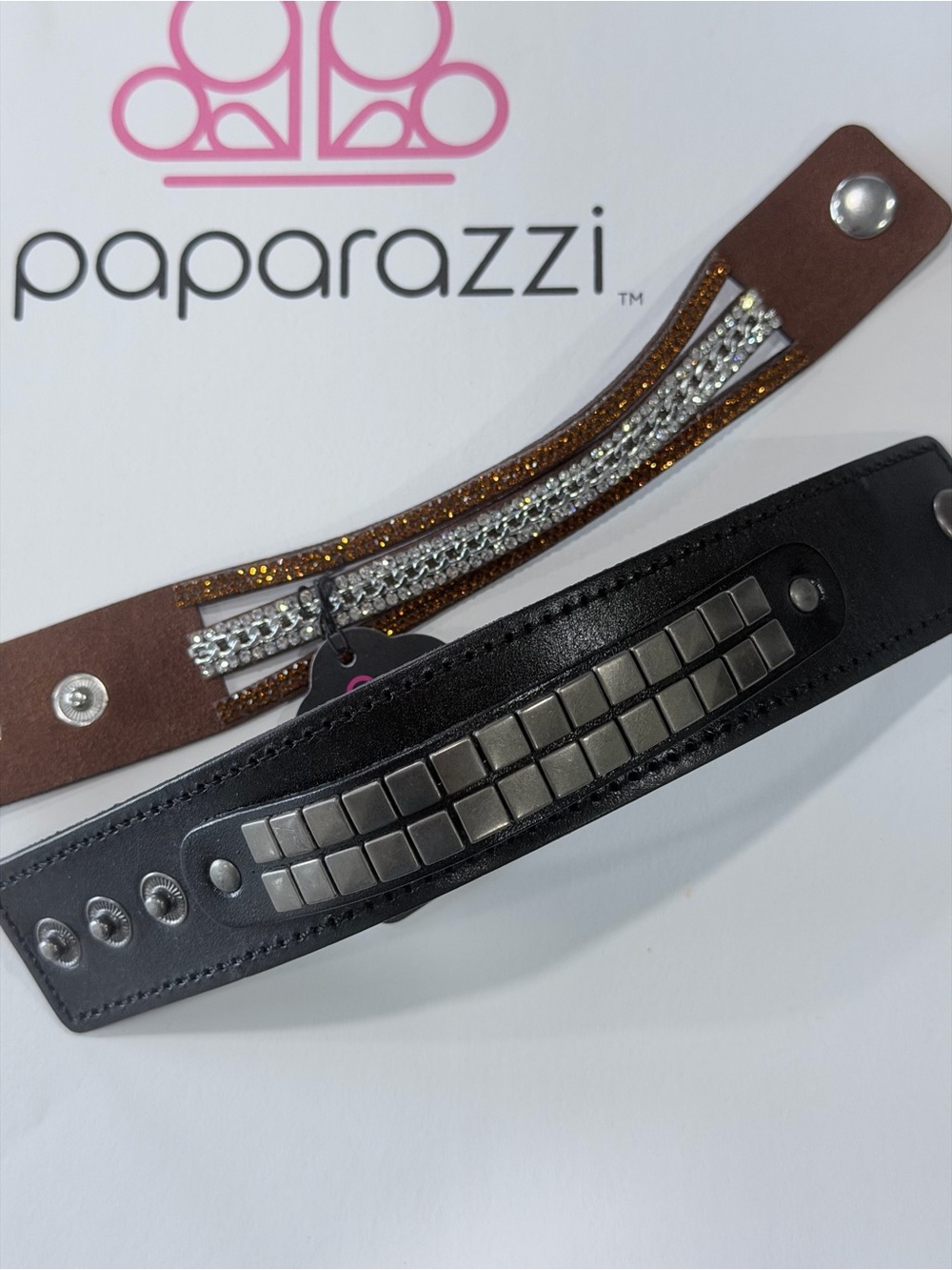 Paparazzi Brown and Black Leather Bracelet Set with Crystal Strips - Picture 2 of 3